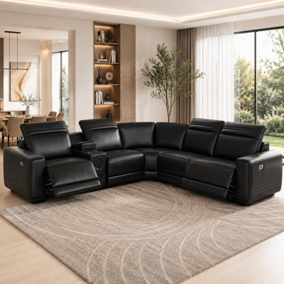 6-Piece Luxury Breathable Leather Power Reclining Sectional Sofa With Power Adjustable Headrests, Storage Console, Bluetooth Speakers  &  LED Lighting