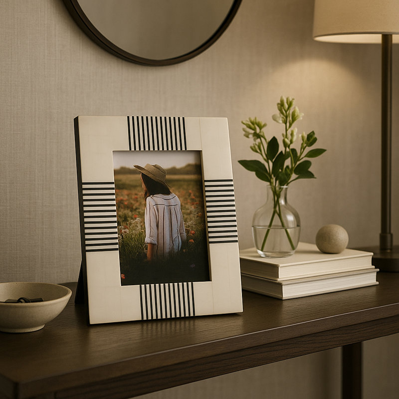 Rectangular Decorative Photo Frame with Striped Design - Stylish Picture Frame for Console Table Accent for Entryway Decor - 9", Black & White