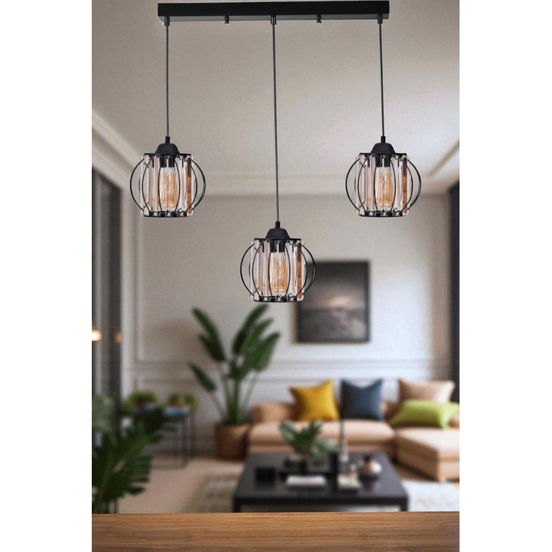 Élégant lustre en métal noir, hauteur réglable, 7,5 po x 6,3 po | Comprend un capuchon en verre et une plaque de base: 21,7 po x 2,4 po x 1,2 po | 3 x douilles E27 (40 W maximum) pour la décoration de la salle à manger et du salon