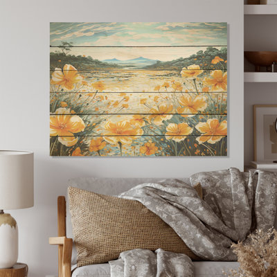Yellow Marigold Liquid Art Flower Field - Flower Field Wood Wall Art On Natural Pine Wood