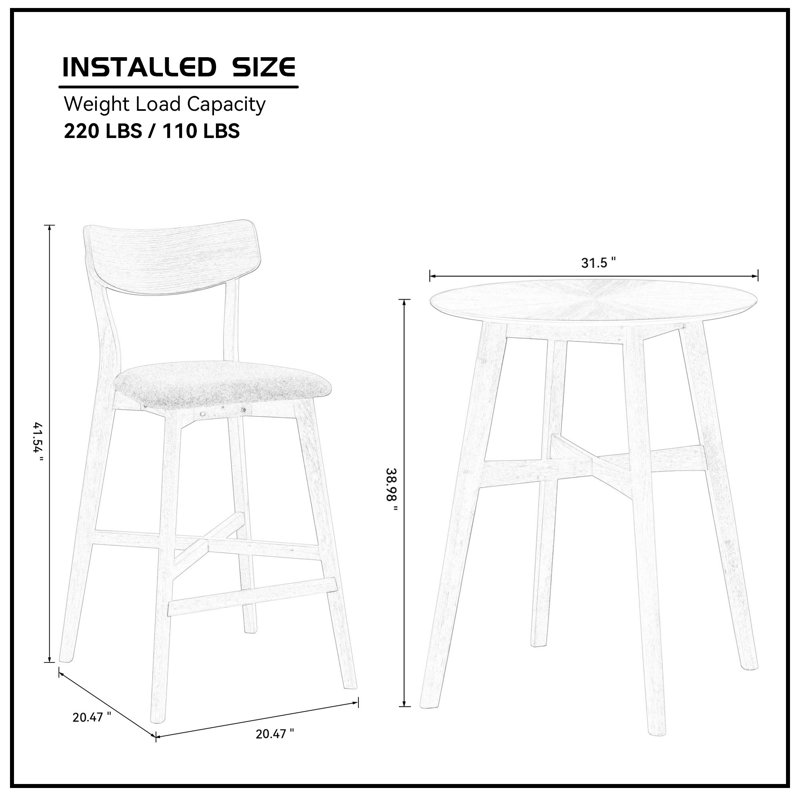 3 Pieces Round Counter Height Pub Table Set with 2 Bar Chairs, Black