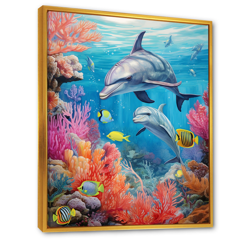 «Dolphin Family Ocean Ballet» sur toile, Cadre flottant doré, H 32 po x l 16 po x P 1 po