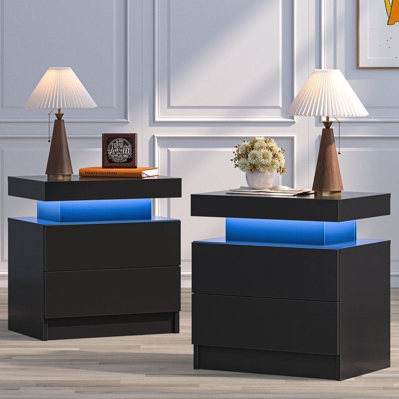 Ensemble de 2 tables de chevet DEL avec 2 tiroirs pour chambre à coucher, Noir, Ensemble de 2