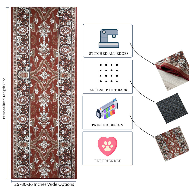 Custom Size Anti-Slip Canvas Back Distressed Oriental Mahal Red Low Profile (Thin) Runner Rugs by Feet, Runner 3' x 22'