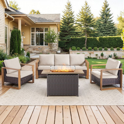Drazen 5 - Person Patio Furniture Set With Fire Pit Table, All-Weather Wicker Outdoor Conversation Set With Chair And Thick Cushions