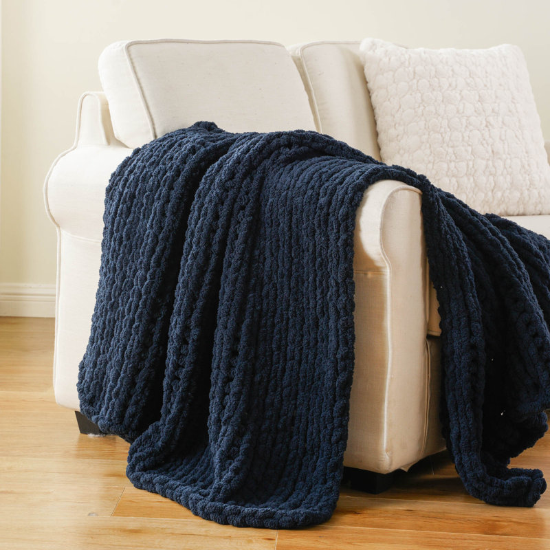 Jeté épais en tricot, jeté doux et épais en chenille, jeté en tricot fait à la main 50 po x 60, Marine