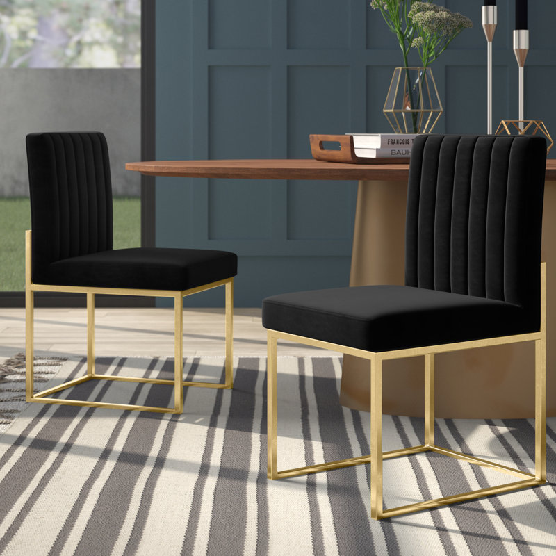Amberdawn 18.5'' H Velvet Upholstered Side Chair, Black Velvet, Gold