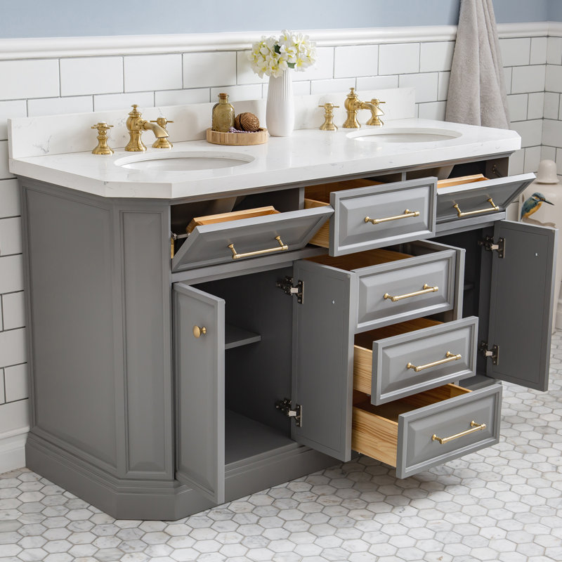 60" Palace Collection Quartz Carrara Cashmere Grey Bathroom Vanity Set With Hardware And F2-0013 Faucets in Chrome Finish