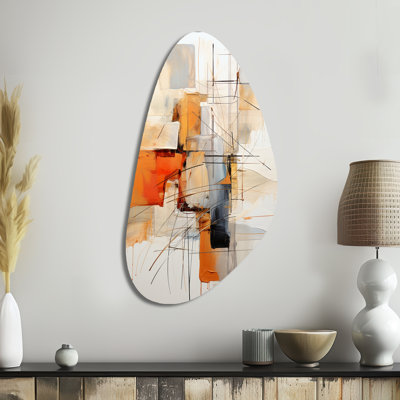 Orange Grey Line Art Abstract Expressionism - Line Art Asymmetrical Metal Wall Art, Modern Unique Shape Metal Art Print
