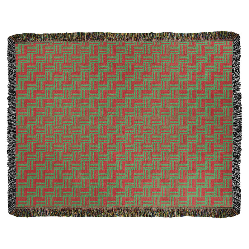 Hand Woven Throw Blanket, 37" W x 52" L, Green/Red, Square Geometric