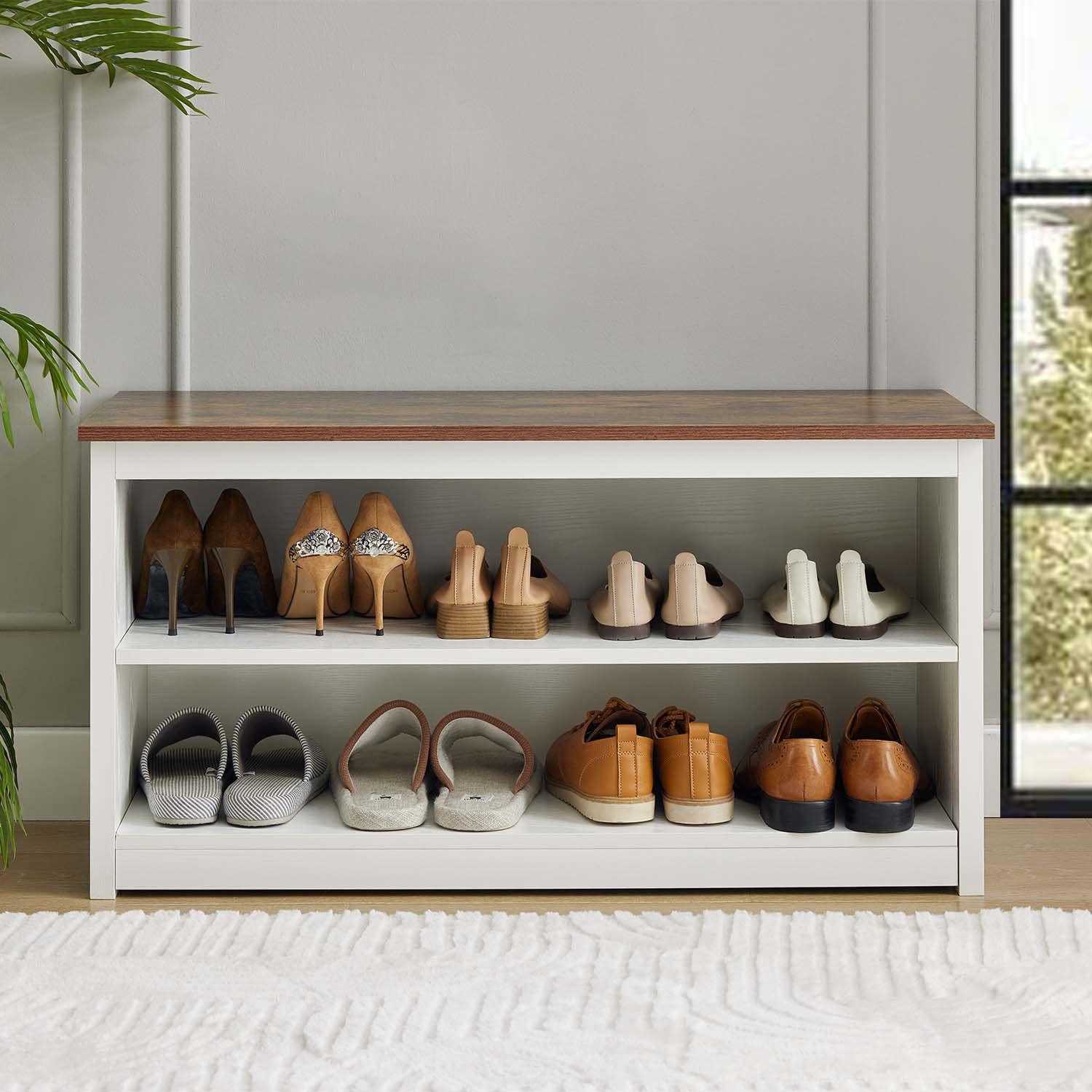 Gracie Oaks 2-Tier Wooden Shoe Bench, 9 Pair Storage Entryway Organizer ...