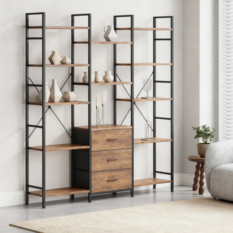Industrial 5-Tier Bookshelf With 3 Fabric Drawers And 10 Display Shelves, Heavy-Duty Bookcase For Home Office Storage And Organization
