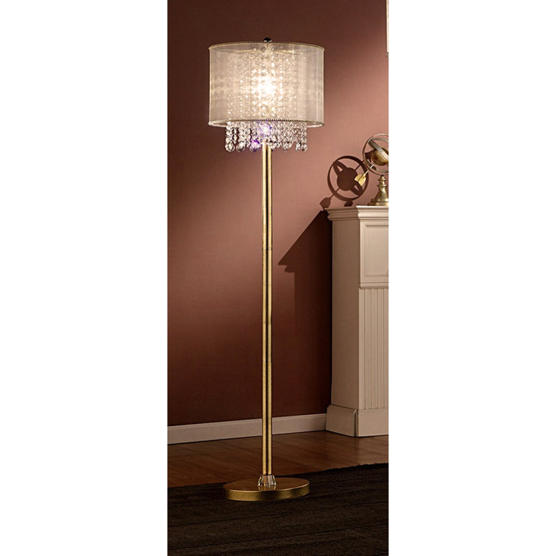 65" Tall Floor Lamp "Bhavya" w/ Gold finish and Crystal Accents, White Shade