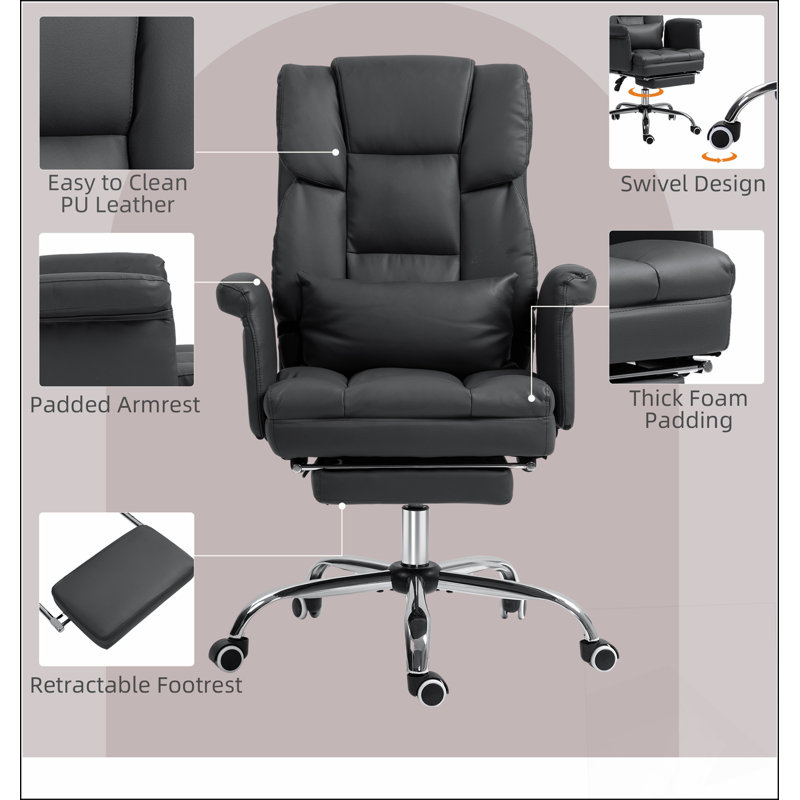 Fauteuil de direction, fauteuil de bureau ergonomique en cuir synthétique, fauteuil inclinable et pivotant avec repose-pieds et support lombaire