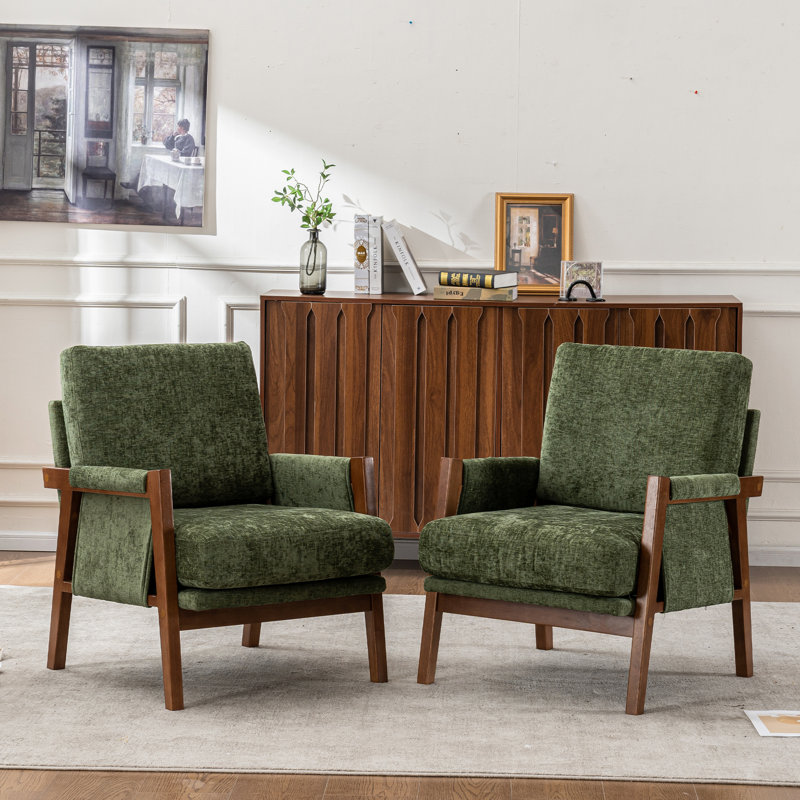Quinze Mid Century Modern Upholstered Chenille Solid Wood Accent Armchair, Green