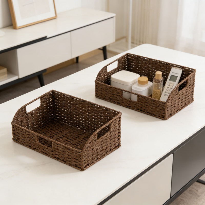 Paniers de rangement en corde de papier tissés à la main avec poignées en bois, paquet de 2 paniers de rangement en osier pour garde-manger, cuisine, tablettes et décoration intérieure