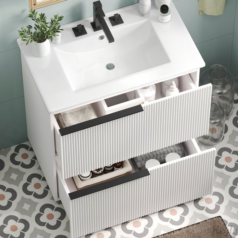 Meuble-lavabo 30 po avec lavabo en céramique et tiroirs pleine extension, Blanc