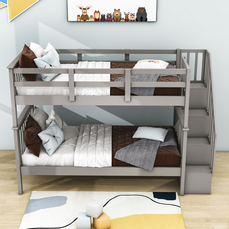 Lit superposé simple au-dessus d'un lit simple avec tablettes Desiderio par Harriet Bee, gris