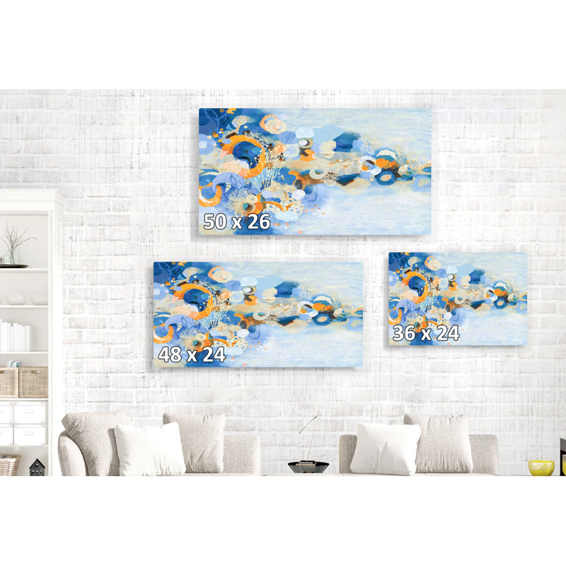Cercles et tiges en dessin abstrait, bleu, cobalt, cyan, orange, crème, brun clair, collage, H 16 po x l 24 po x P 1,5 po