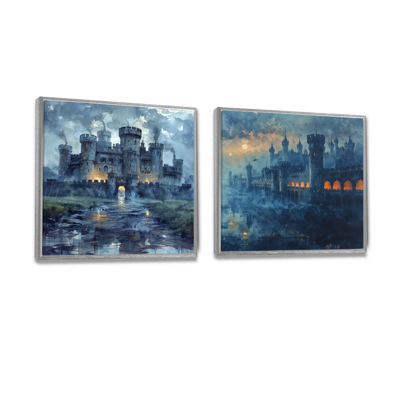 «Blue Middle Ages Castle At Night I» - Fortress Wall Decor - Art mural industriel 2 pièces, H 30 po x l 61 po, Argent argent