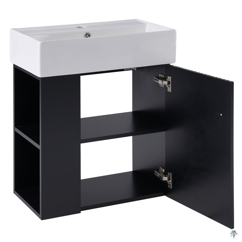 Meuble-lavabo flottant moderne 21,6 po avec lavabo en céramique, Noir, noir, noir, noir