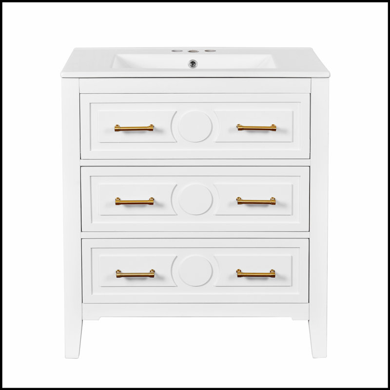 Meuble-lavabo 30 po avec lavabo en céramique, ensemble de meuble autoportant avec 3 tiroirs et cadre en bois massif, White