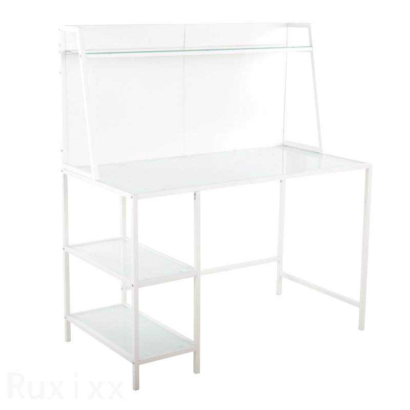 Bureau contemporain Tier, métal blanc et verre givré, Blanc / blanc