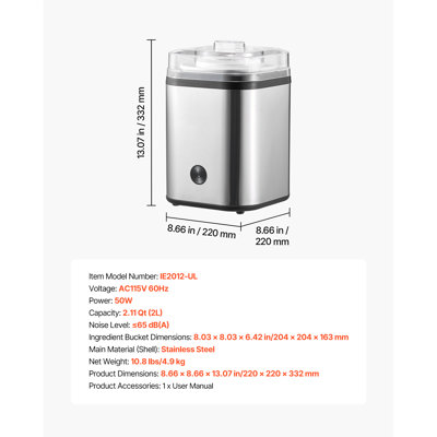 Ice Cream Maker, 2.11 Qt. Large Capacity, Electric Automatic Ice-Cream Machine, Stainless Steel Shell, Fruit Sorbet, Gelato, Silver, Featuring Easy Operation & Cleaning