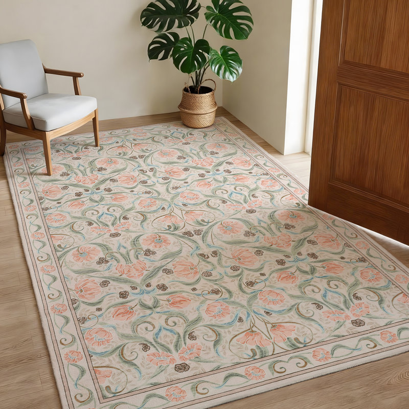 Area Rug, Floral Washable Rugs, Modern Style, Non-Slip Low-Pile Soft Floor Carpet for Bedroom, Living Room, Dining Room