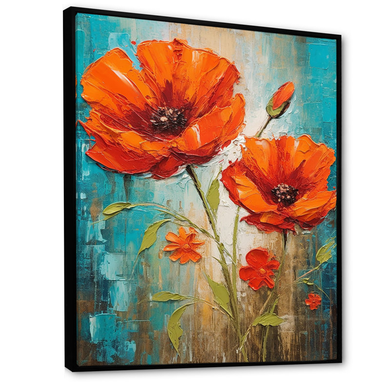 «Blossoming Red Poppes On Teal Sky», reproduction sur toile, H 44 po x l 34 po x P 1,5 po, Cadre flottant noir