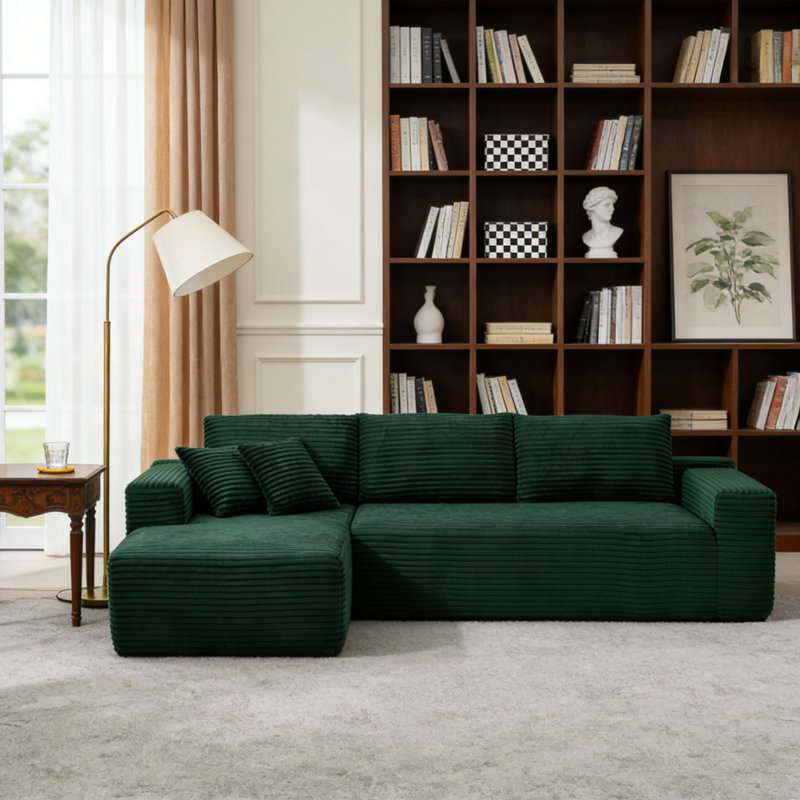 Boneless 106.5" L-shaped Corduroy Upholstered 3-seat Lounge Sofa With Chaise, No Assembly Required, Left Hand Facing