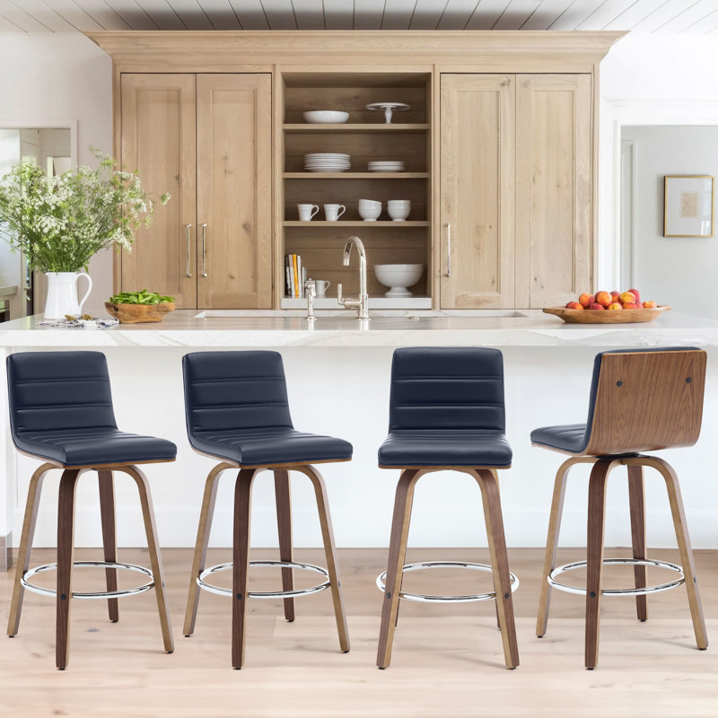 65 CM Swivel Bar Stools With Back Faux Leather Upholstered, Blue, 4
