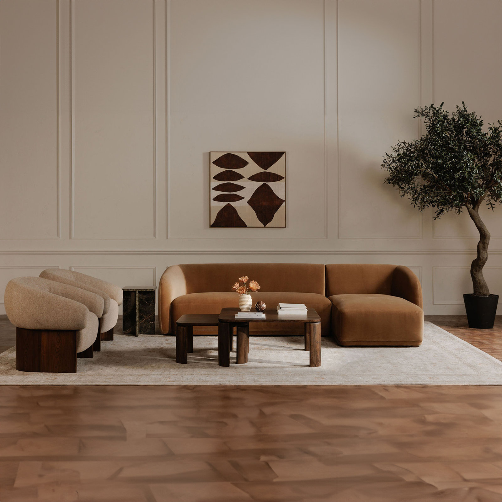 Penelope Sectional, Right Hand Facing, Camel Faux Mohair
