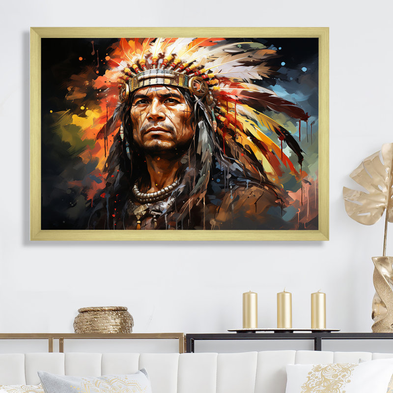 Amérindien Mohawk Warrior - Art amérindien grand art mural, Cadre doré simple, H 24 po x l 32 po x P 1 po