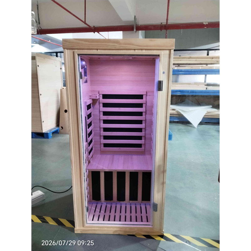 Sauna à infrarouge d'intérieur, saunas infrarouges en bois de pin et pruche 1200W / 110V pour 1 personne avec lampe de thérapie 7 couleurs, panneau de commande ACL, chauffe-pieds, deux haut-parleurs Bluetooth, 32 po x 32 po x 66 po