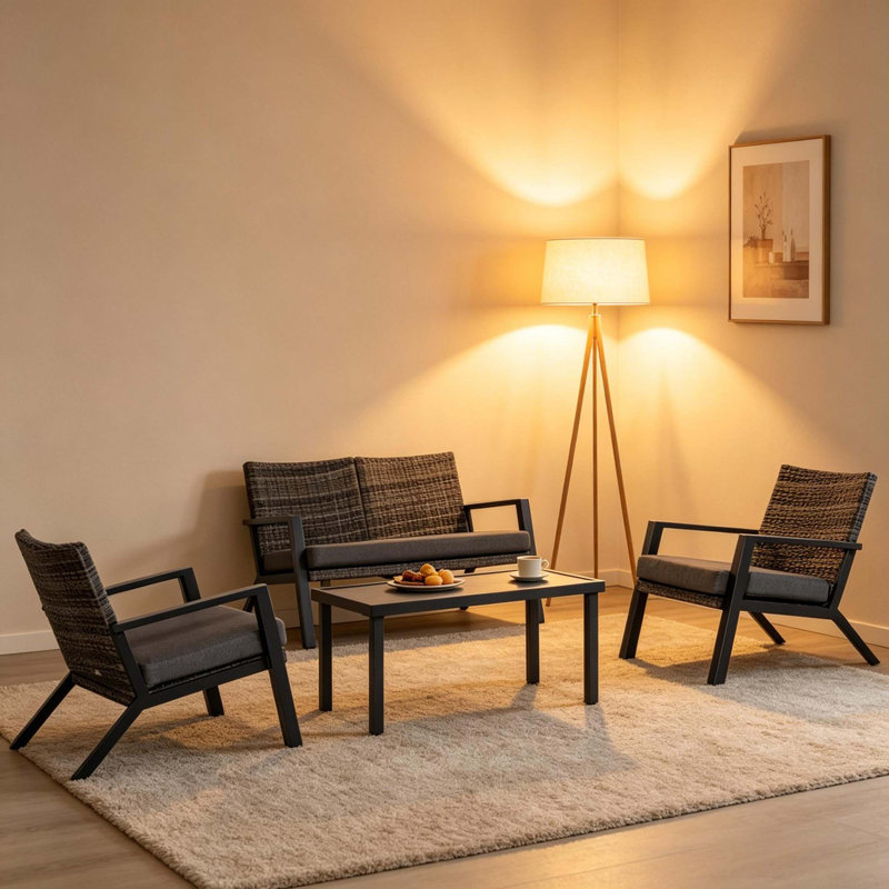 Ensemble de quatre meubles d'extérieur en rotin avec causeuse, deux chaises et une table basse pour les patios, les jardins et les balcons.