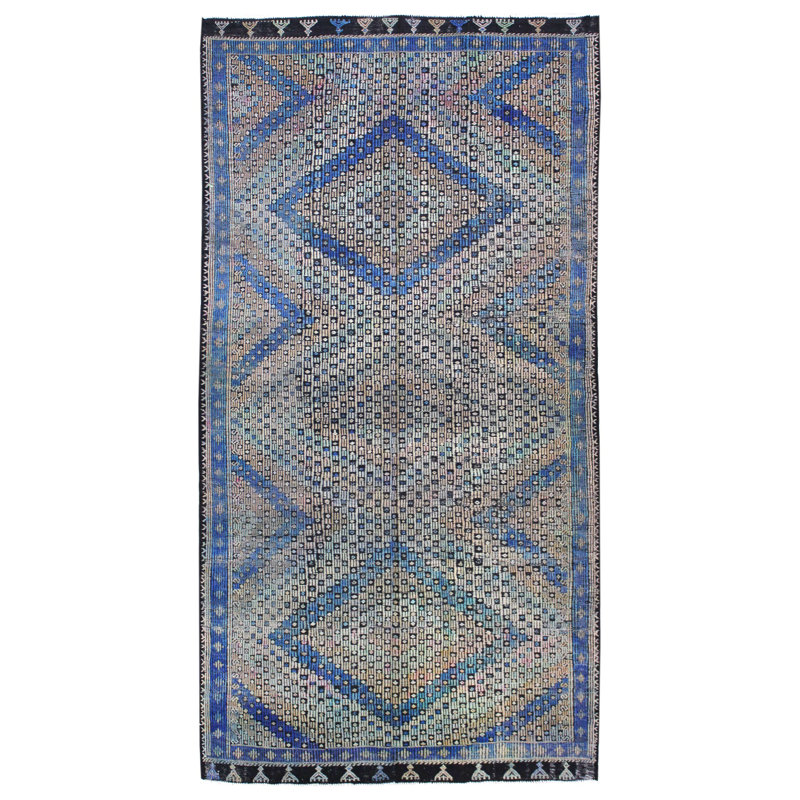 Tapis bleu en laine noué à la main de conception unique 5 pi 11 po x 10 pi 10 po années 2000 Jijim