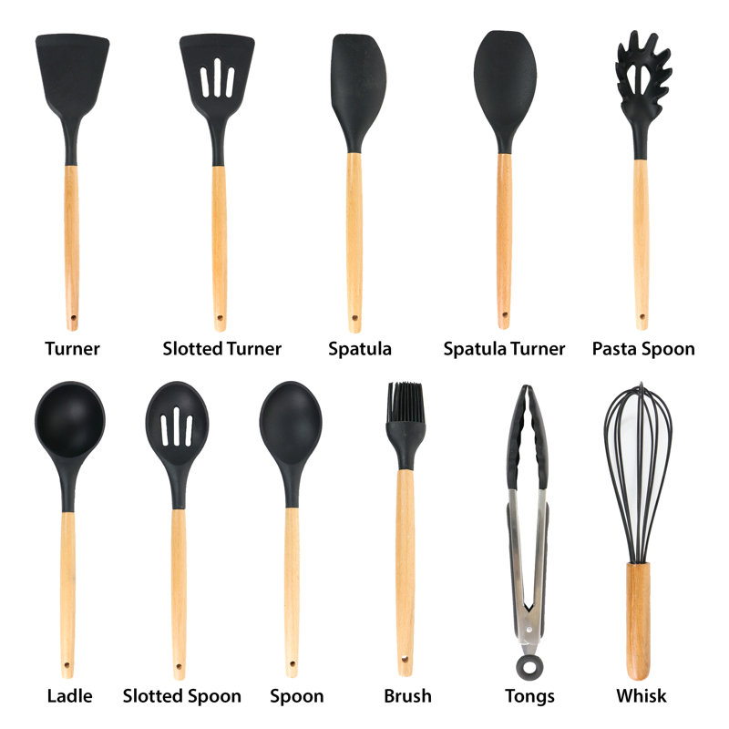 MegaChef 12 Piece Black Silicone and Wood Cooking Utensil Set