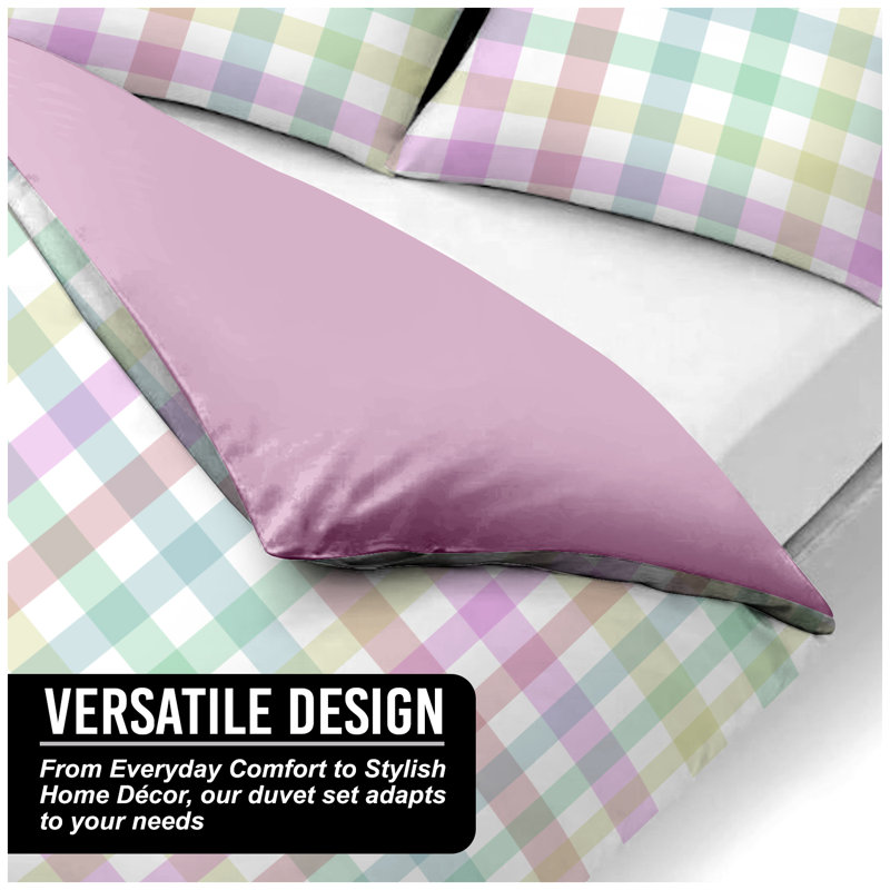 Luxury Gingham Microfibre Duvet Cover Set with Pillowcases Soft Breathable Easy Care Bedding All Sizes, Pastel