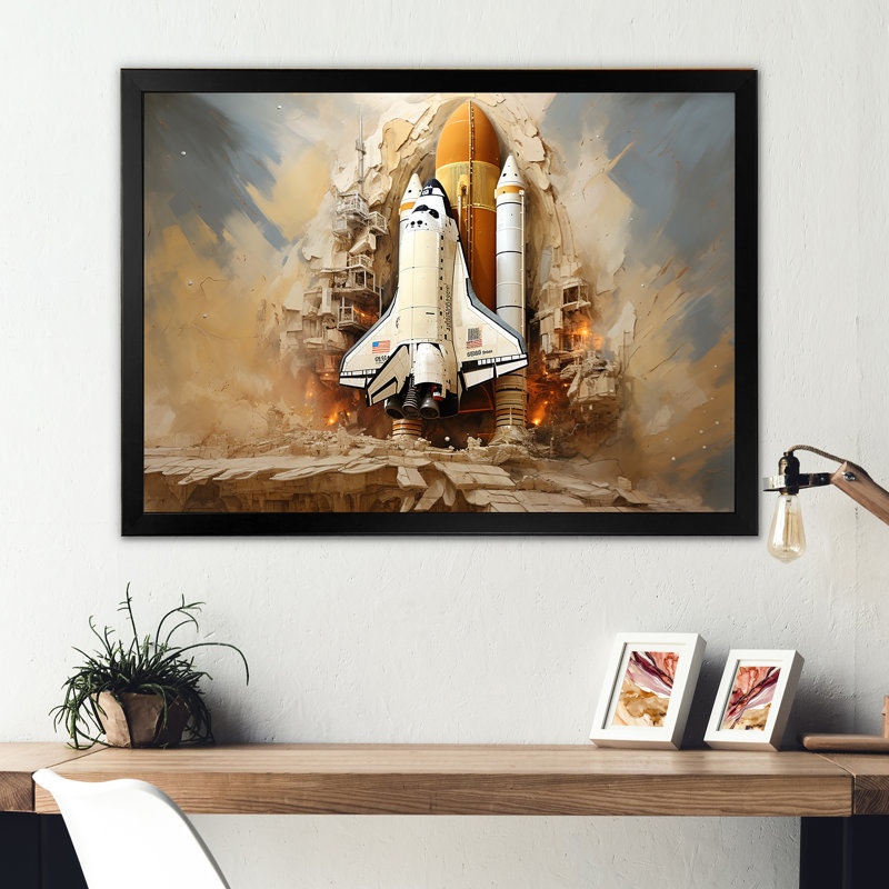 «Abstract Navette spatiale» sur toile, Cadre simple noir, H 34 po x l 44 po x P 1,5 po