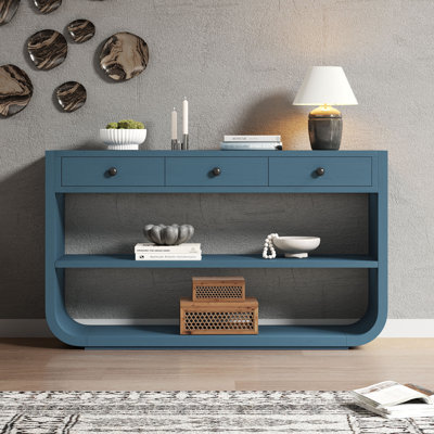 Console 55 po avec 3 tiroirs et pieds courbés, style antique, bleu