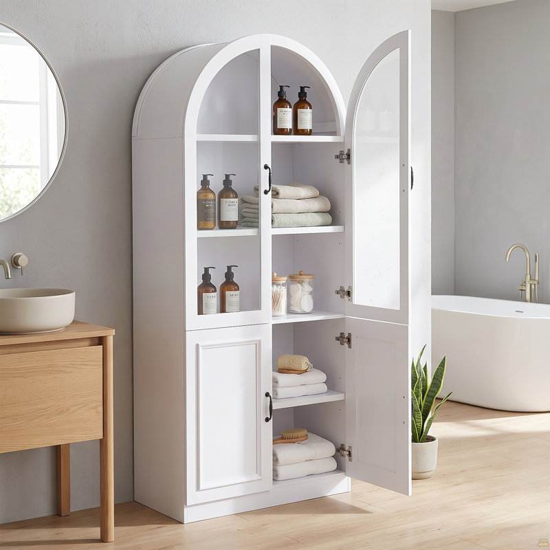 Arched-Top Tall Storage Cabinet, Freestanding Display Cabinet with Tempered Glass Doors, Soft-Close Hinges, Adjustable Shelves, White