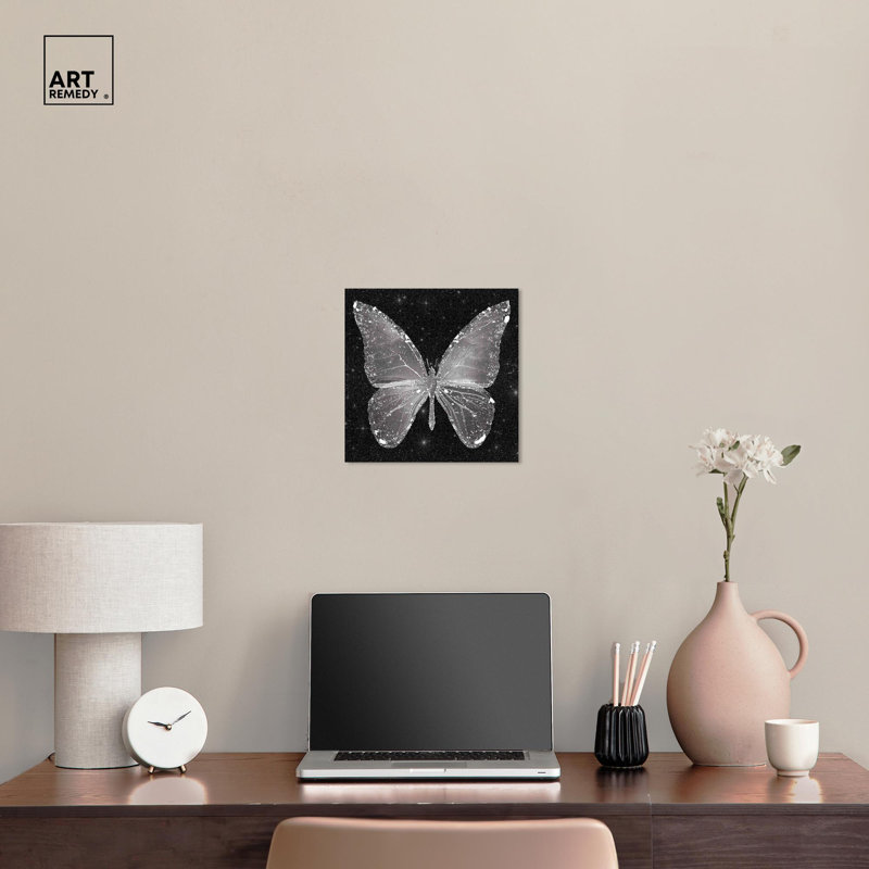 Sparkling Silver Butterfly Canvas Art with Wooden Frame