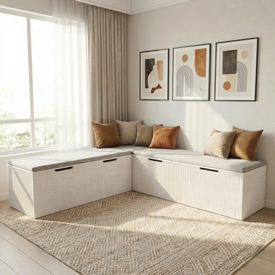 L-Shaped Storage Bench With Cushion, Corner Bench Seating For Dining Room, Kitchen, Entryway, White