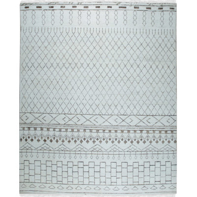 Ivory Hand-Knotted Wool Diamond Lattice Geometric Modern Contemporary Carpet Rug