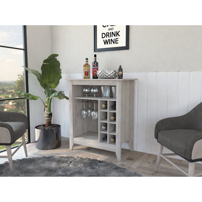 Bar Futur, avec six casiers à vin, un tiroir ouvert et une tablette ouverte