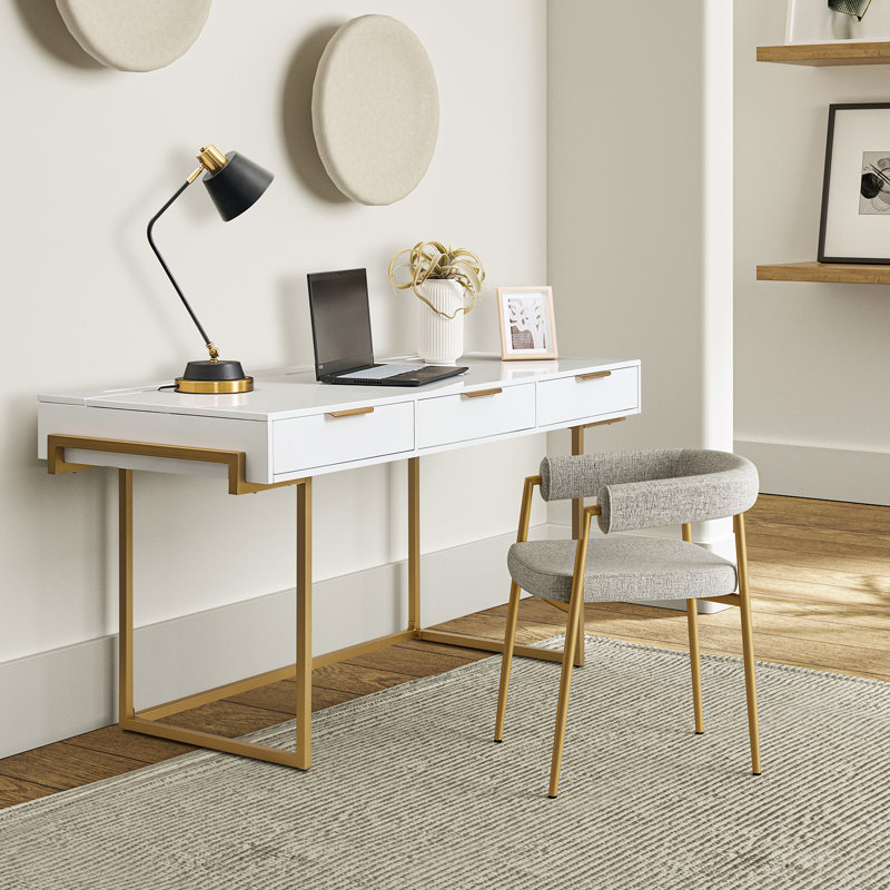 Bureau d'écriture rectangulaire l 62 po avec station de charge intégrée et gestion des câbles, Blanc