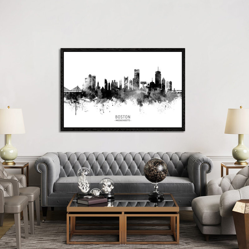 Boston Massachusetts Skyline Name Black And White by Michael Tompsett - Print on Canvas, Black Framed