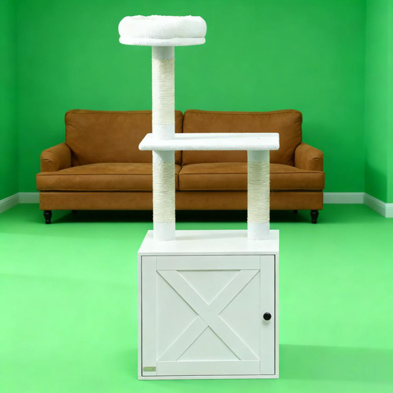White  Cat Tree With Litter Box Enclosure