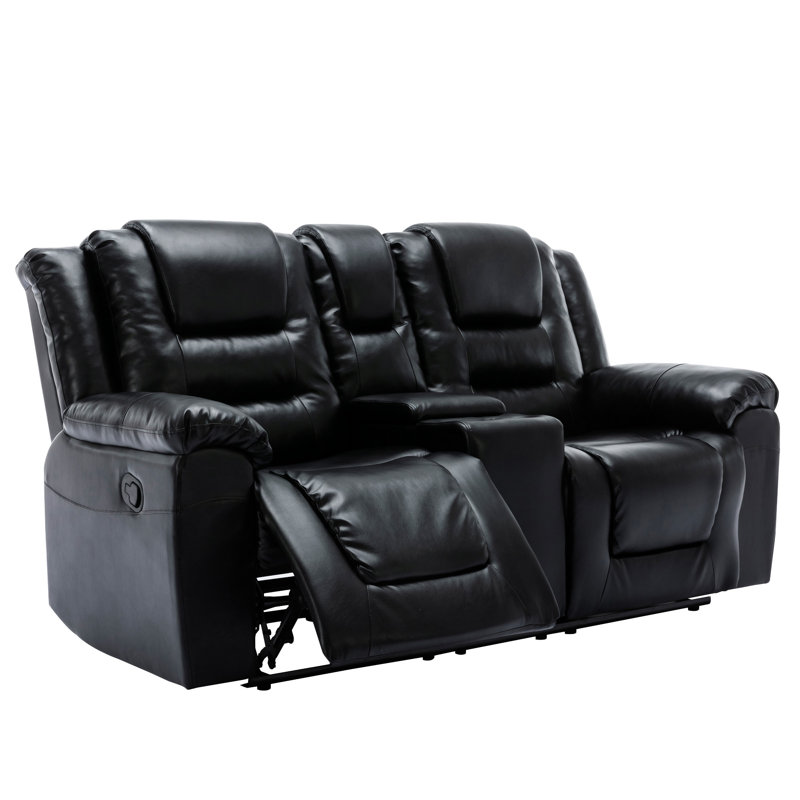 Fauteuil inclinable manuel 2 places avec boîte de rangement et deux porte-gobelets, Similicuir noir